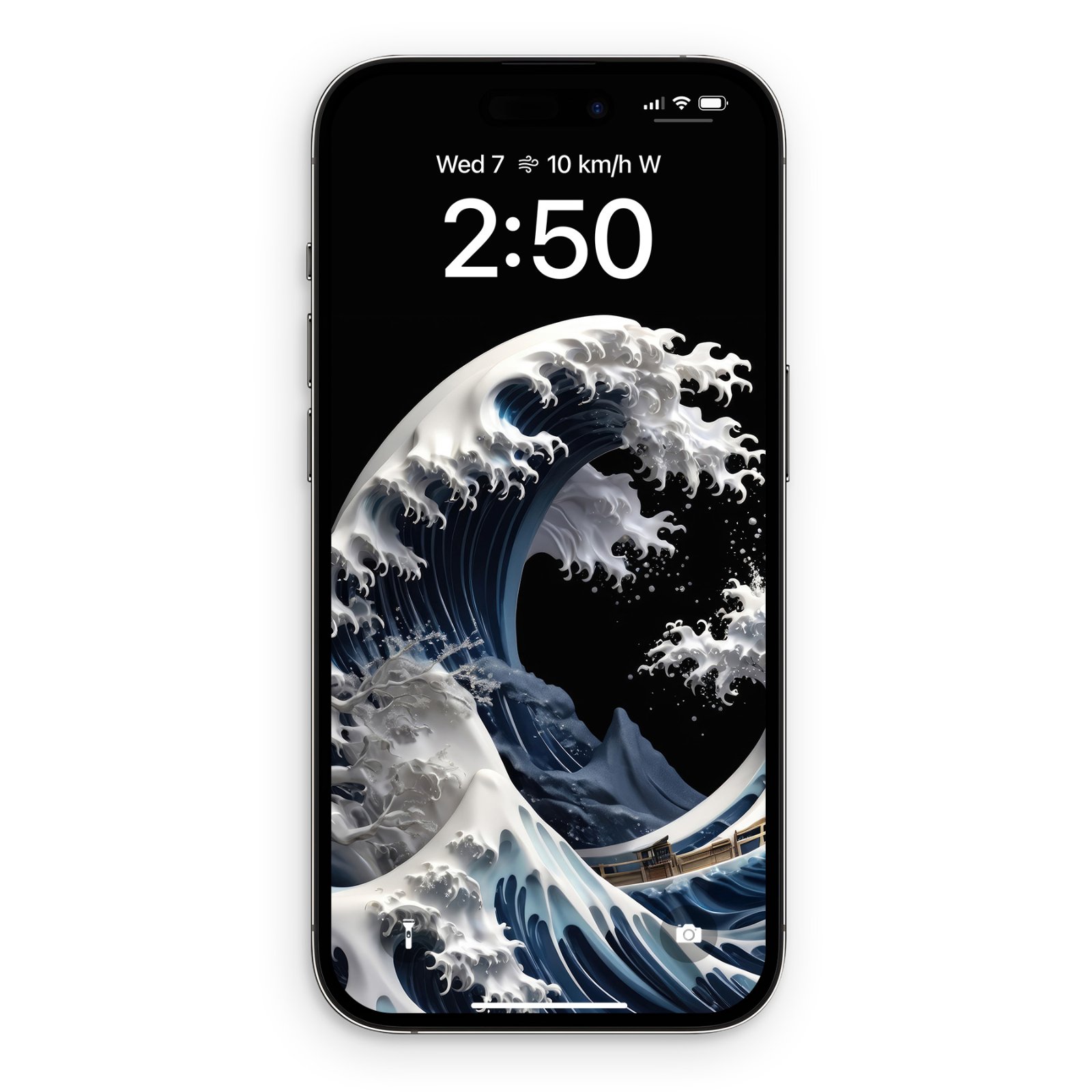An iPhone lock screen displaying a 3D ceramic Great Wave artwork with a clock and weather widget.