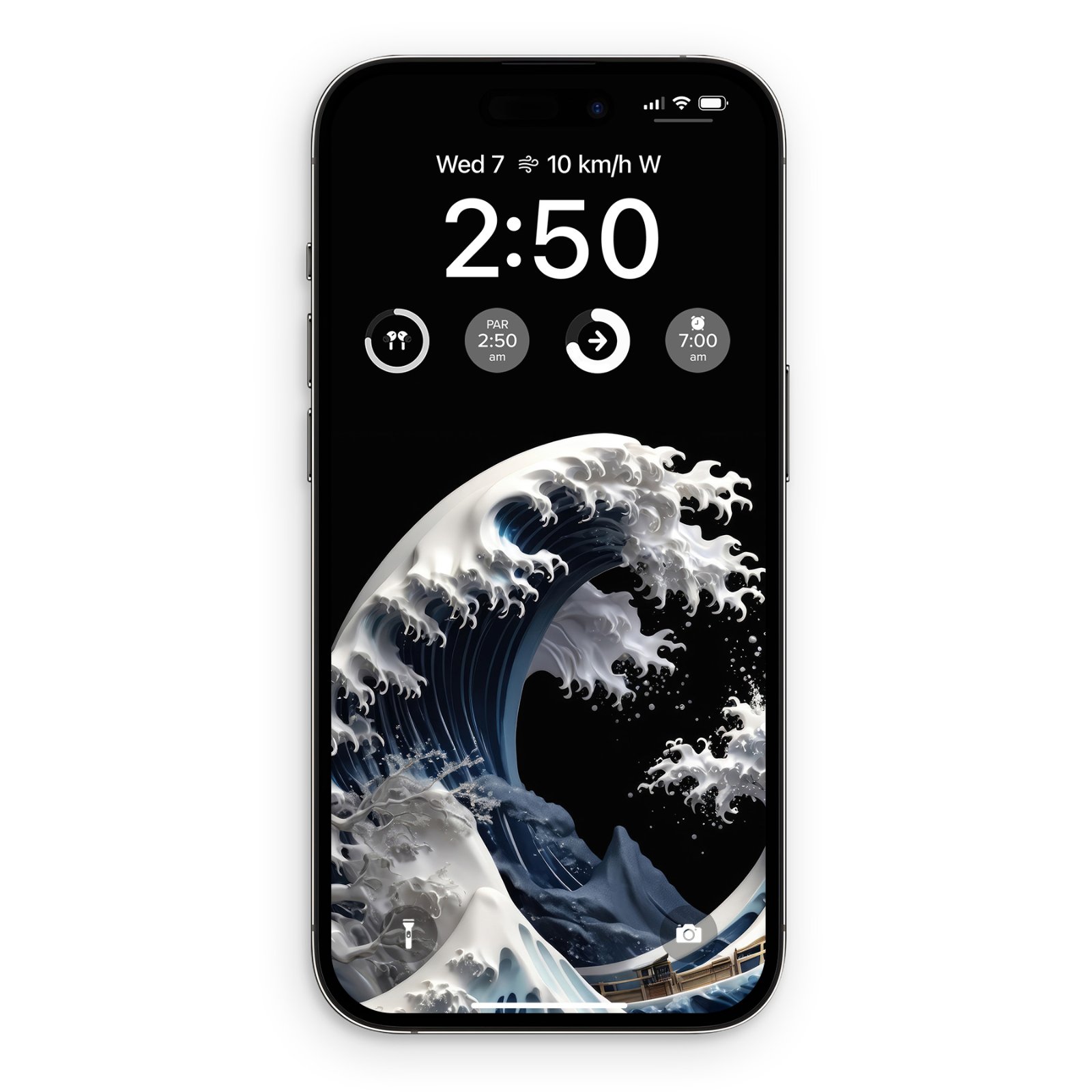 An iPhone lock screen displaying a ceramic Great Wave wallpaper showing additional clock and app widgets.