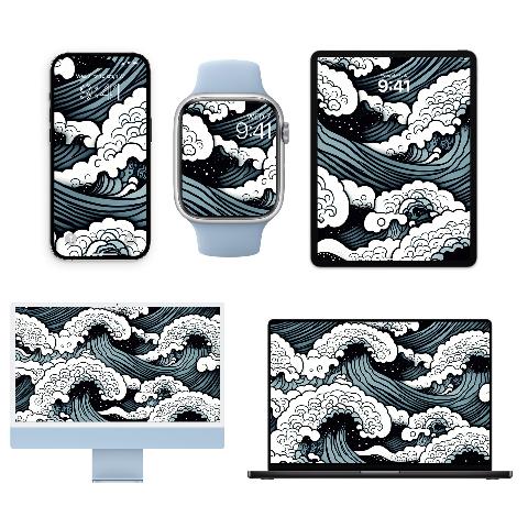 A silver iPhone, a light blue Apple Watch, a black iPad, a light blue iMac, and a black MacBook, all displaying the Wave Splash Pattern wallpaper: deep indigo waves with white foam against a black background with white speckles.