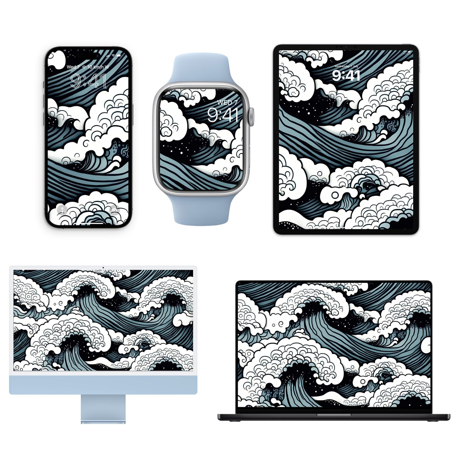 A silver iPhone, a light blue Apple Watch, a black iPad, a light blue iMac, and a black MacBook, all displaying the Wave Splash Pattern wallpaper: deep indigo waves with white foam against a black background with white speckles.