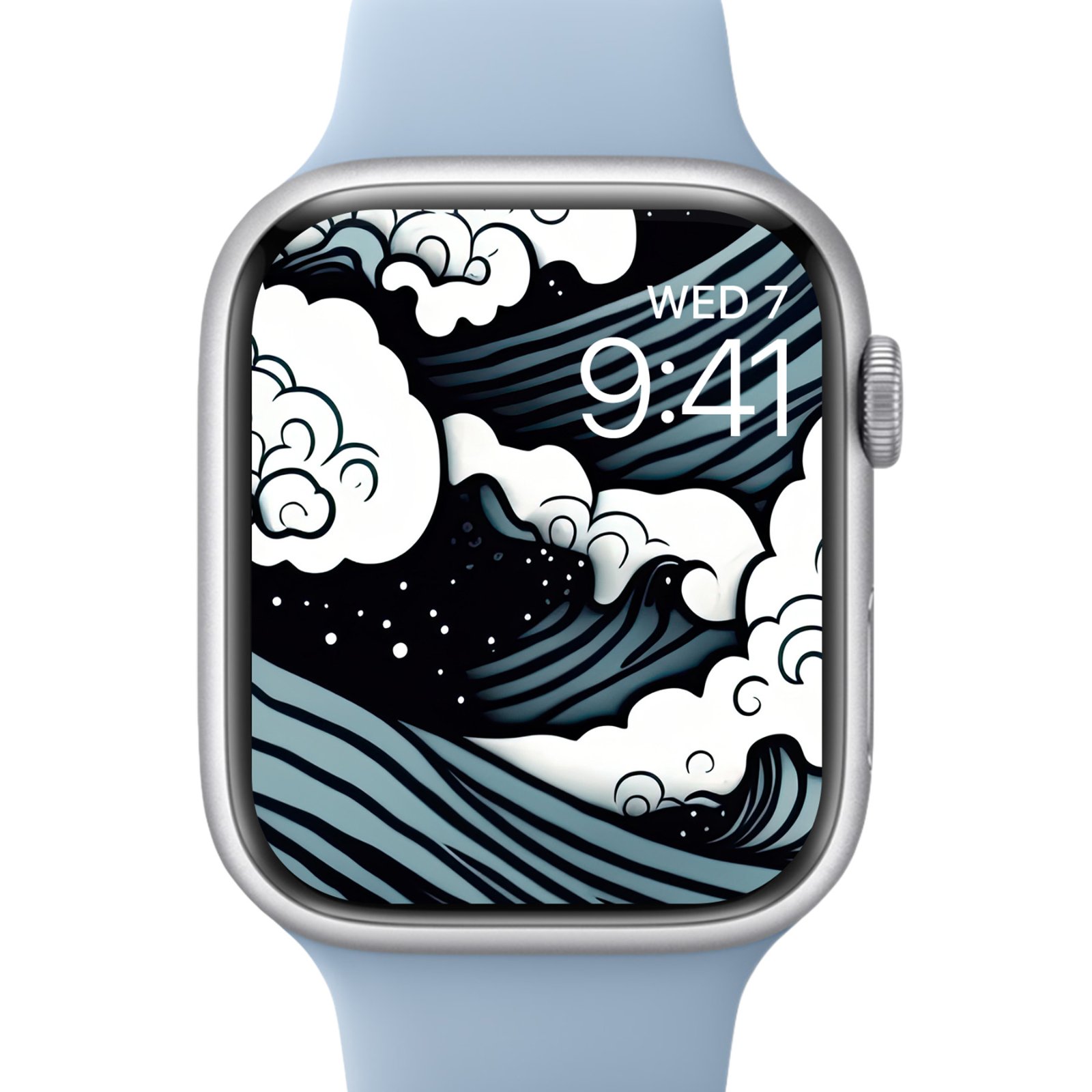 A light blue Apple Watch displaying the Wave Splash Pattern wallpaper: deep indigo waves with white foam against a black background with white speckles.