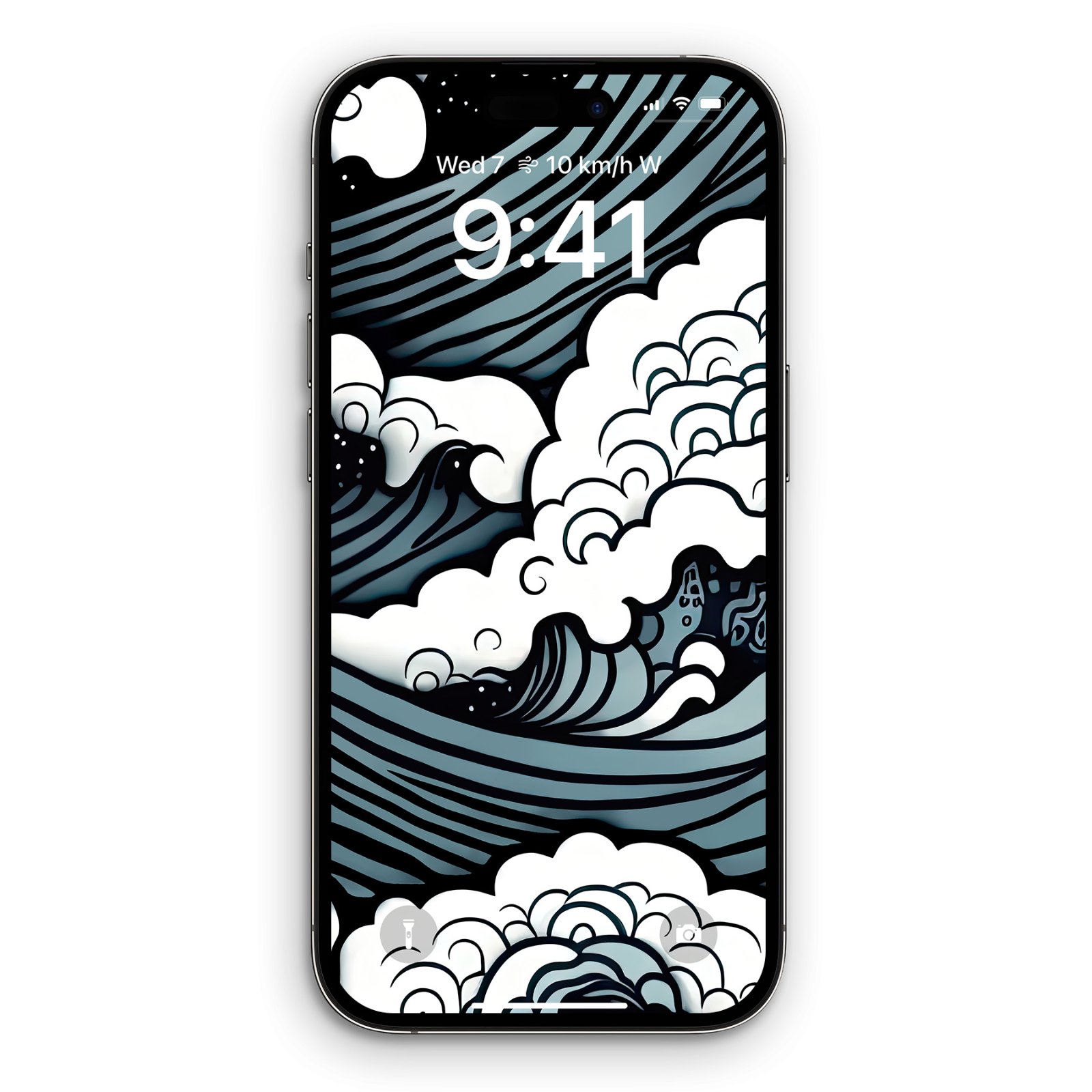 A silver iPhone displaying the Wave Splash Pattern wallpaper: deep indigo waves with white foam against a black background with white speckles.