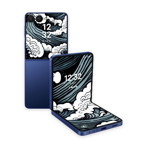 Two navy blue flip phones resting on a white background, one folded showing a small screen and one unfolded showing a long inner screen, both displaying a slate blue and white Japanese style wave wallpaper.