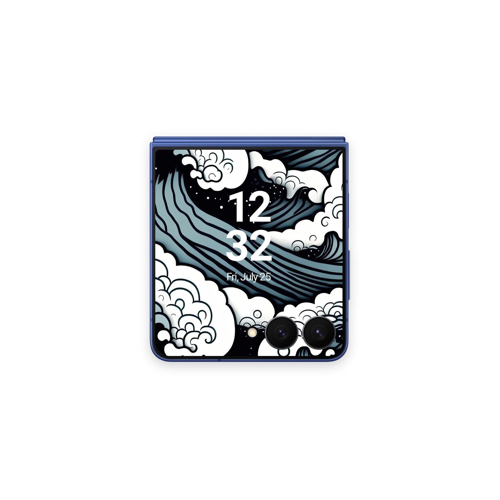 A closed navy blue flip phone showing a small outer display with a high-contrast white and slate blue ukiyo-e wave design.