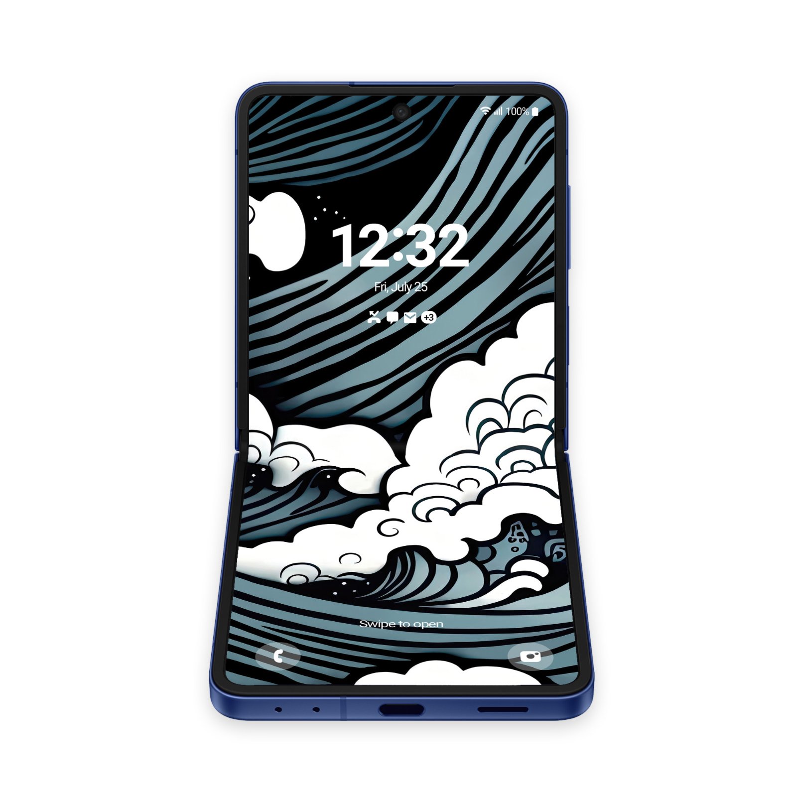 An unfolded navy blue flip phone sitting vertically, showing a continuous Japanese woodblock style wave pattern on its main display.