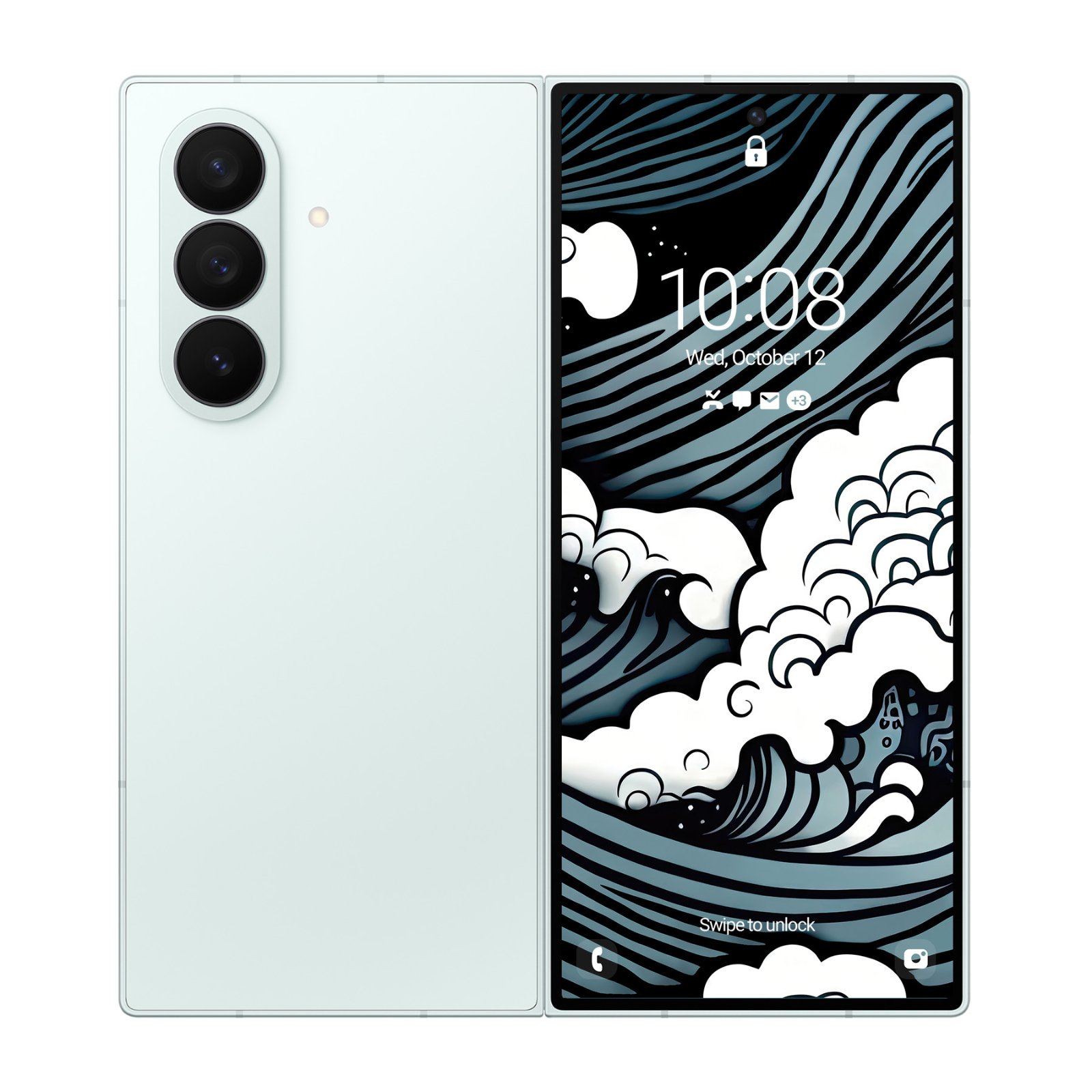 A foldable phone cover screen displaying a stylized Japanese ocean wave pattern with white frothing crests and slate blue currents.