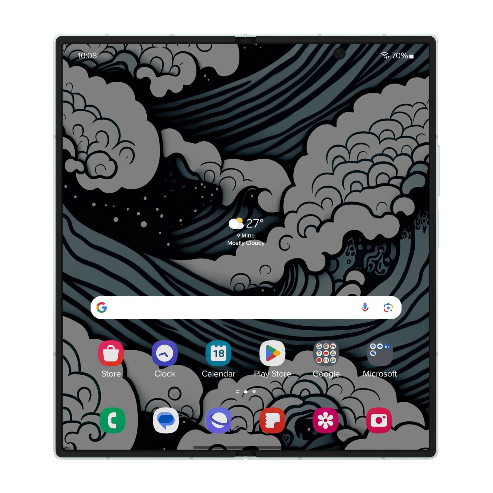 An unfolded phone screen showing an expanded view of the dark slate blue and white wave splash artwork with app icons.