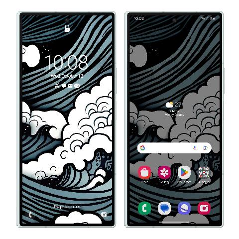 A side-by-side view of a foldable phone displaying both the bright white foam lock screen and muted dark home screen.