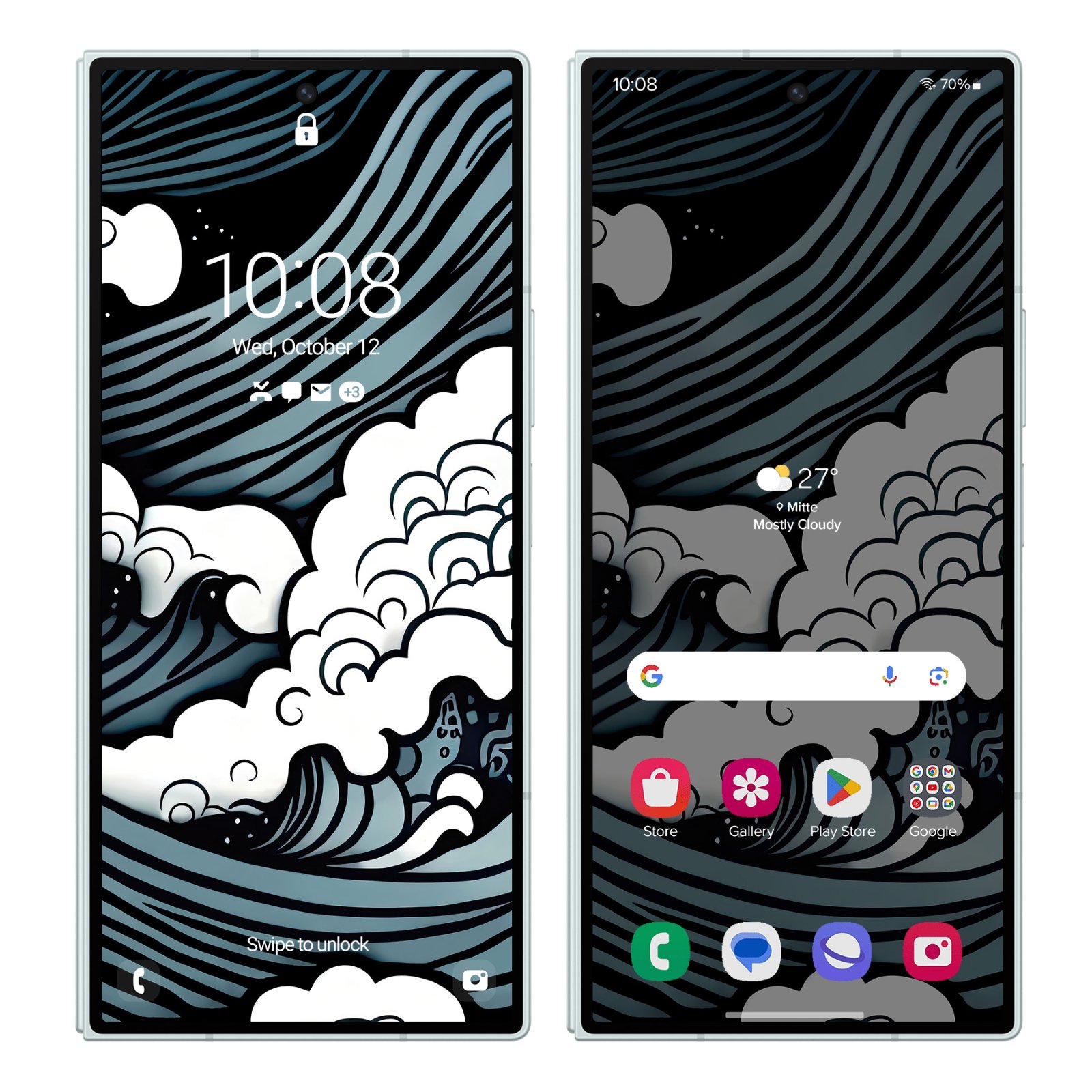 A side-by-side view of a foldable phone displaying both the bright white foam lock screen and muted dark home screen.