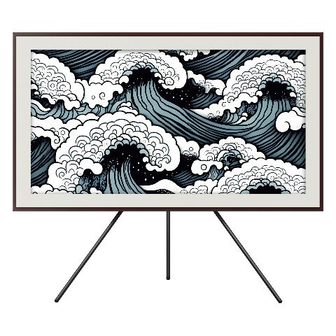 A digital screen in a brown frame, mounted on a black tripod stand, displaying a wallpaper with a dark indigo and white wave splash pattern.