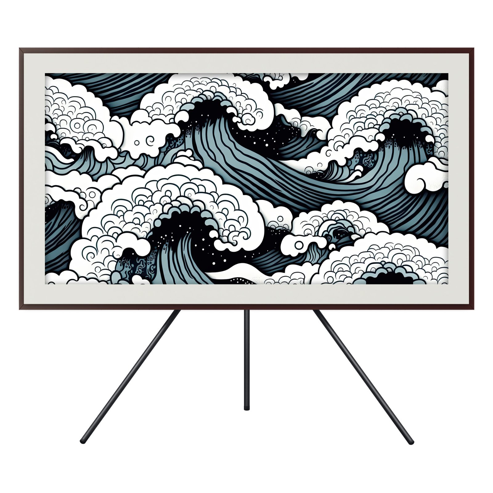 A digital screen in a brown frame, mounted on a black tripod stand, displaying a wallpaper with a dark indigo and white wave splash pattern.