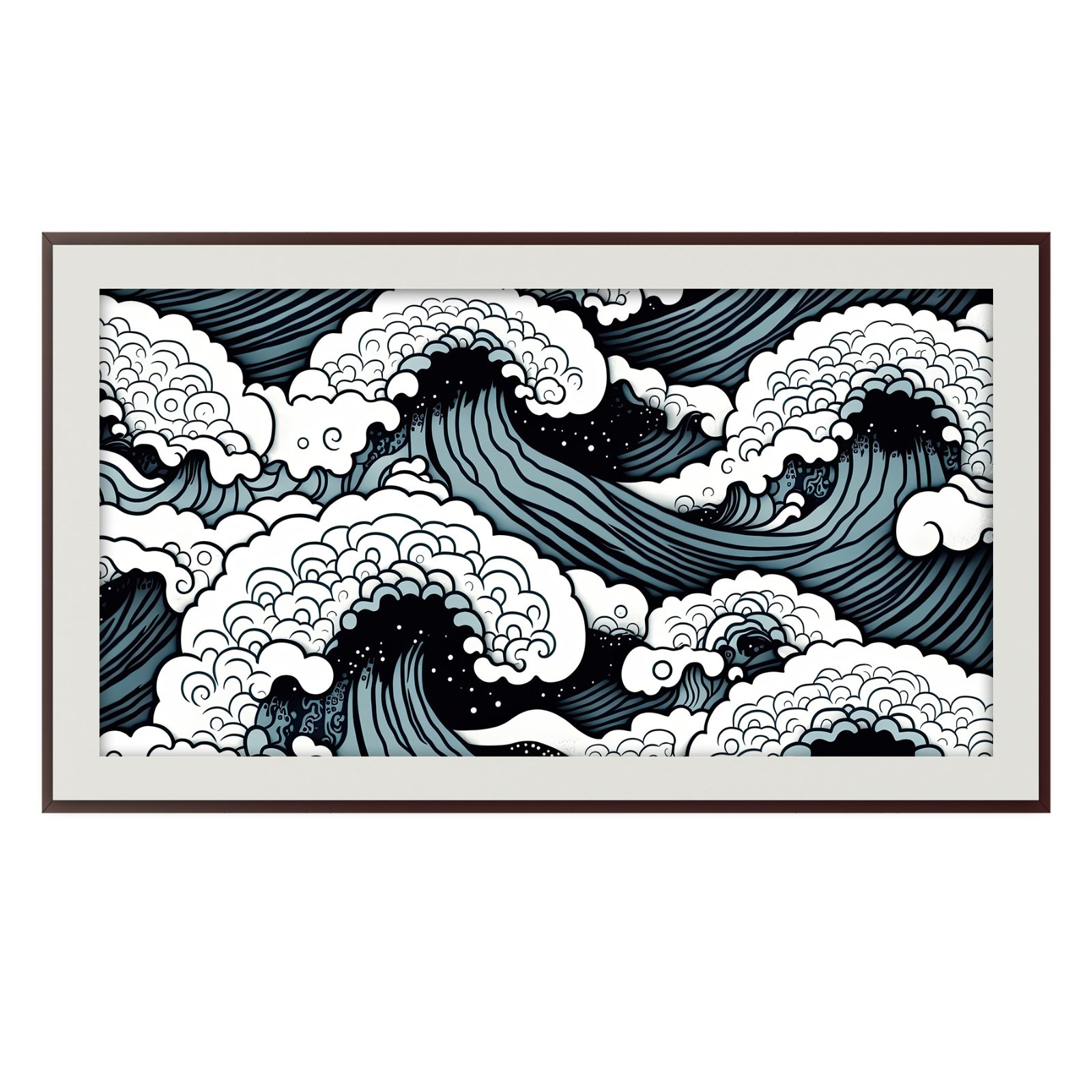 A digital screen in a brown frame displaying a wallpaper with a dark indigo and white wave splash pattern.