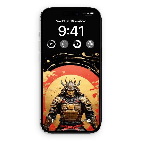 A black iPhone showing a lock screen wallpaper of a Japanese samurai warrior in gold and red armor, centered against a red sunburst and a black background.