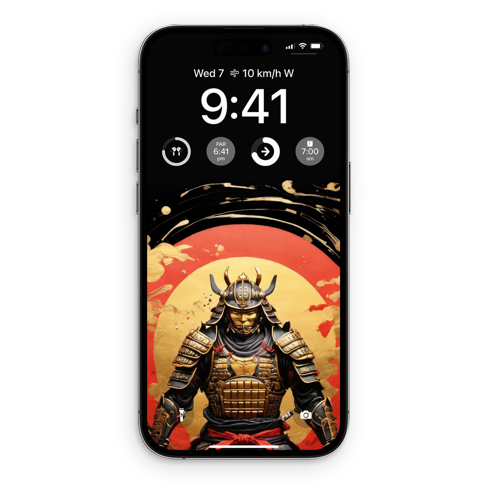 A black iPhone showing a lock screen wallpaper of a Japanese samurai warrior in gold and red armor, centered against a red sunburst and a black background.