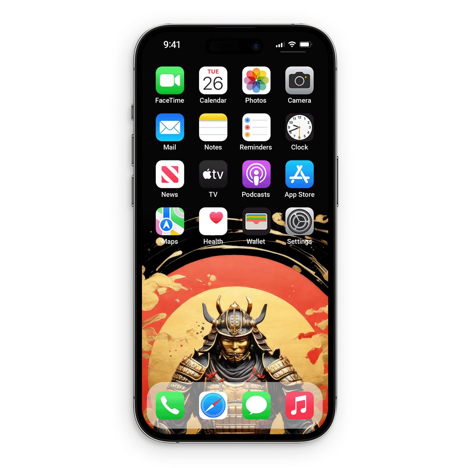 A black iPhone showing a home screen wallpaper of a Japanese samurai warrior in gold and red armor, centered against a red sunburst and a black background, with app icons visible.