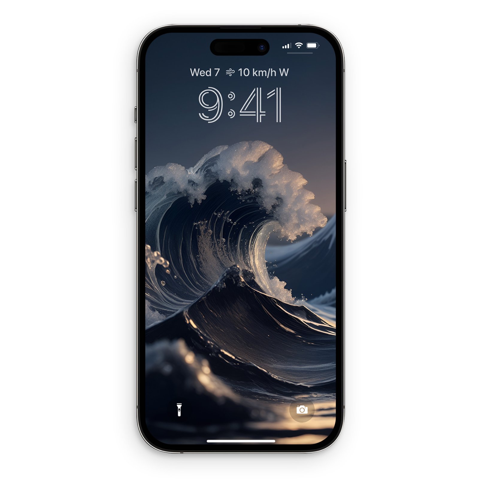 An iPhone 14 Pro lock screen showing a dramatic navy and slate gray wave artwork with froth-capped crests under golden sunlight.