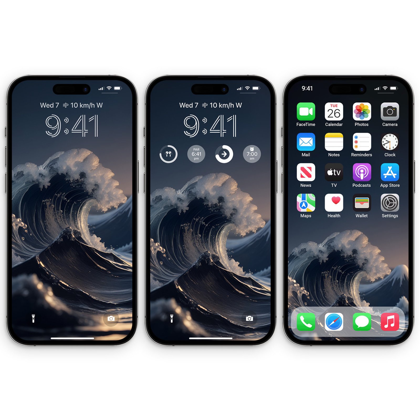 Three black iPhones side by side displaying a dramatic surreal ocean wave wallpaper with dark indigo water and golden crest spray, showing clean lock screen, widget lock screen, and home screen layouts.