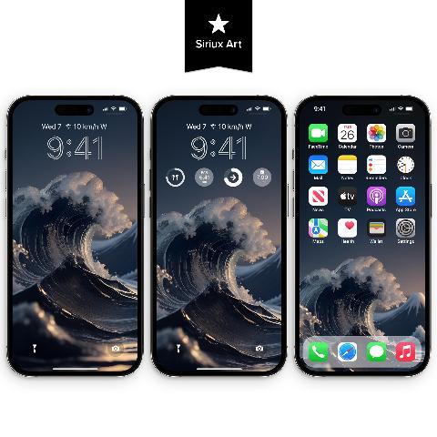 Three iPhone 14 Pro smartphones side by side displaying a surreal dark indigo wave wallpaper with lock screens and home screen layouts.
