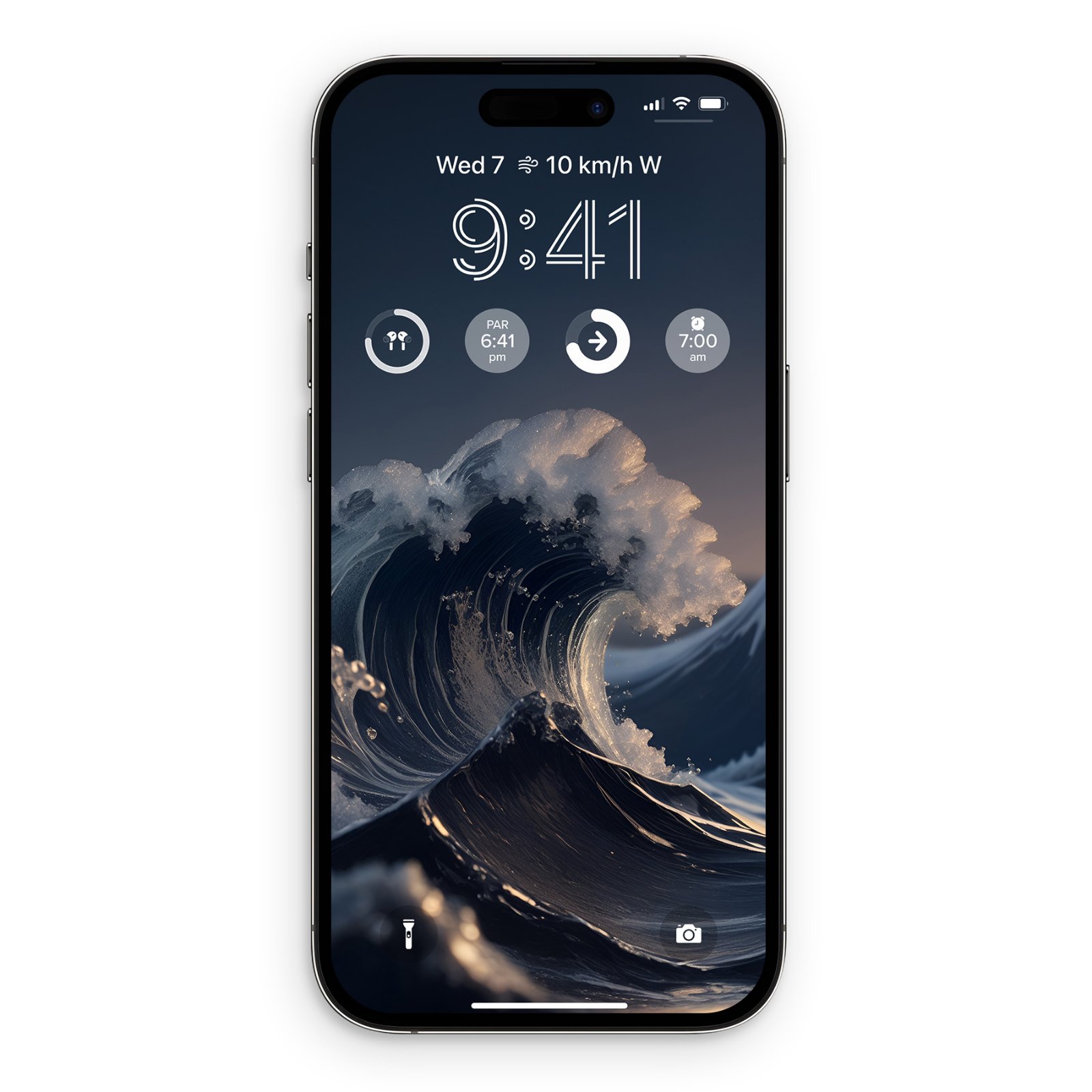 An iPhone 14 Pro lock screen with time and weather widgets overlaid above a sculpted indigo ukiyo-e style ocean wave.
