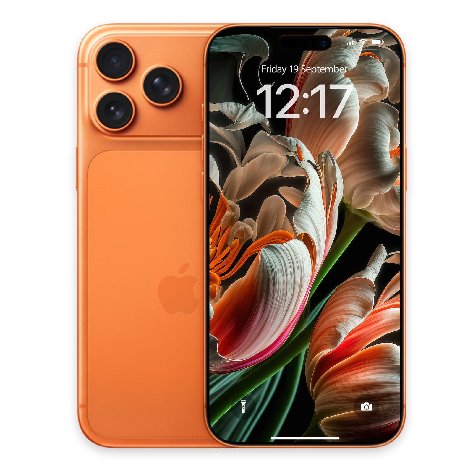 Front and back view of a bright orange iPhone displaying the dynamic tulip wallpaper on its lock screen.