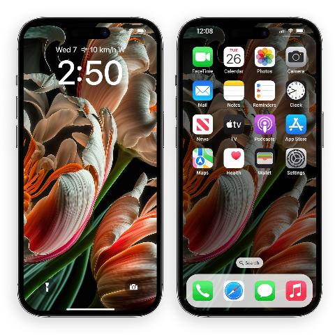 Two black iPhones displaying the Tulip Petals in Motion artwork, showing lock screen with time and home screen with app icons over dynamic orange, white, and fuchsia petals on a dark background.