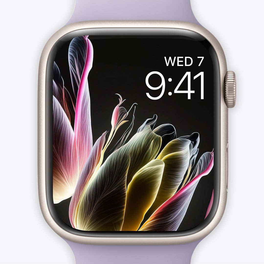 An Apple Watch face showing a close-up of a glowing olive and pink translucent tulip flower on black.