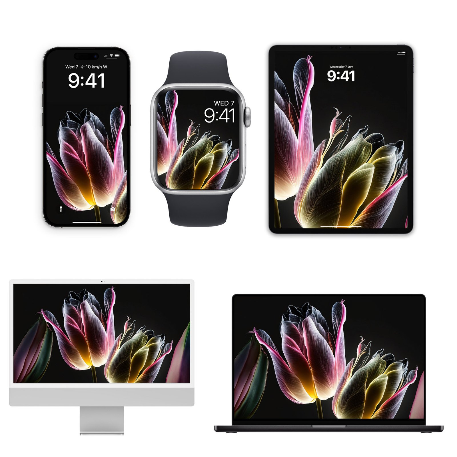 An array of Apple devices including an iPhone, Apple Watch, iPad, iMac, and MacBook showing a translucent tulip flower wallpaper against a dark background.
