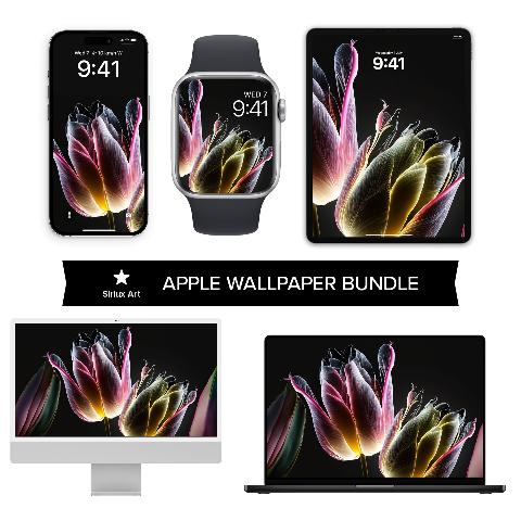 Mockup of an iPhone, Apple Watch, iPad, iMac, and MacBook showing translucent glowing tulip flowers on black backgrounds.