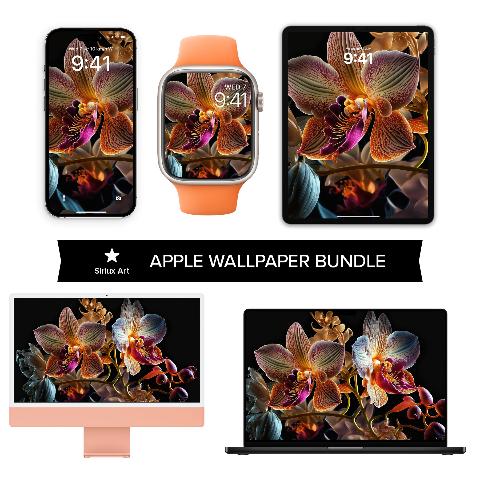 An array of Apple devices including iPhone, Apple Watch, iPad, iMac, and MacBook showing a dark botanical wallpaper featuring glowing terracotta and magenta orchids.