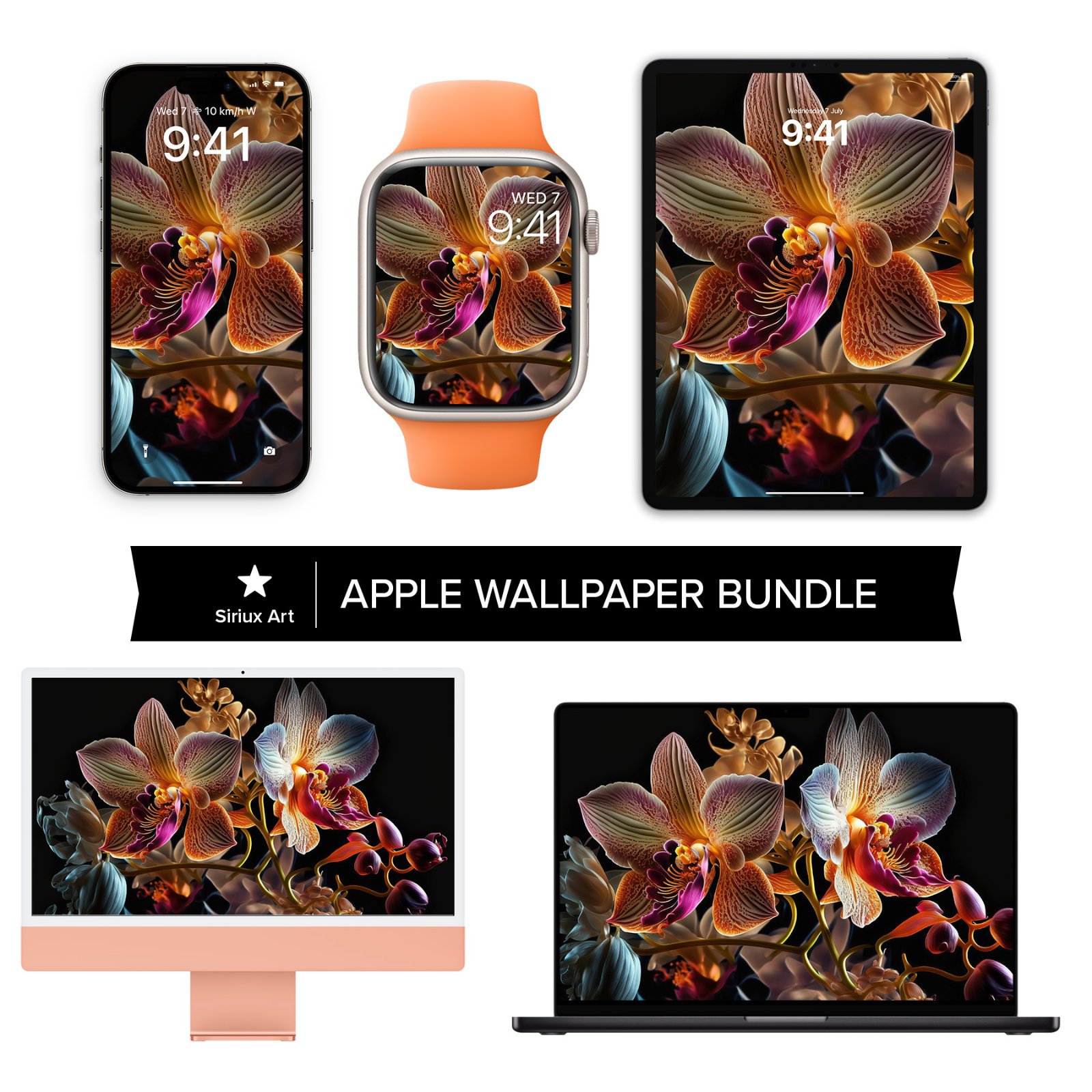 An array of Apple devices including iPhone, Apple Watch, iPad, iMac, and MacBook showing a dark botanical wallpaper featuring glowing terracotta and magenta orchids.
