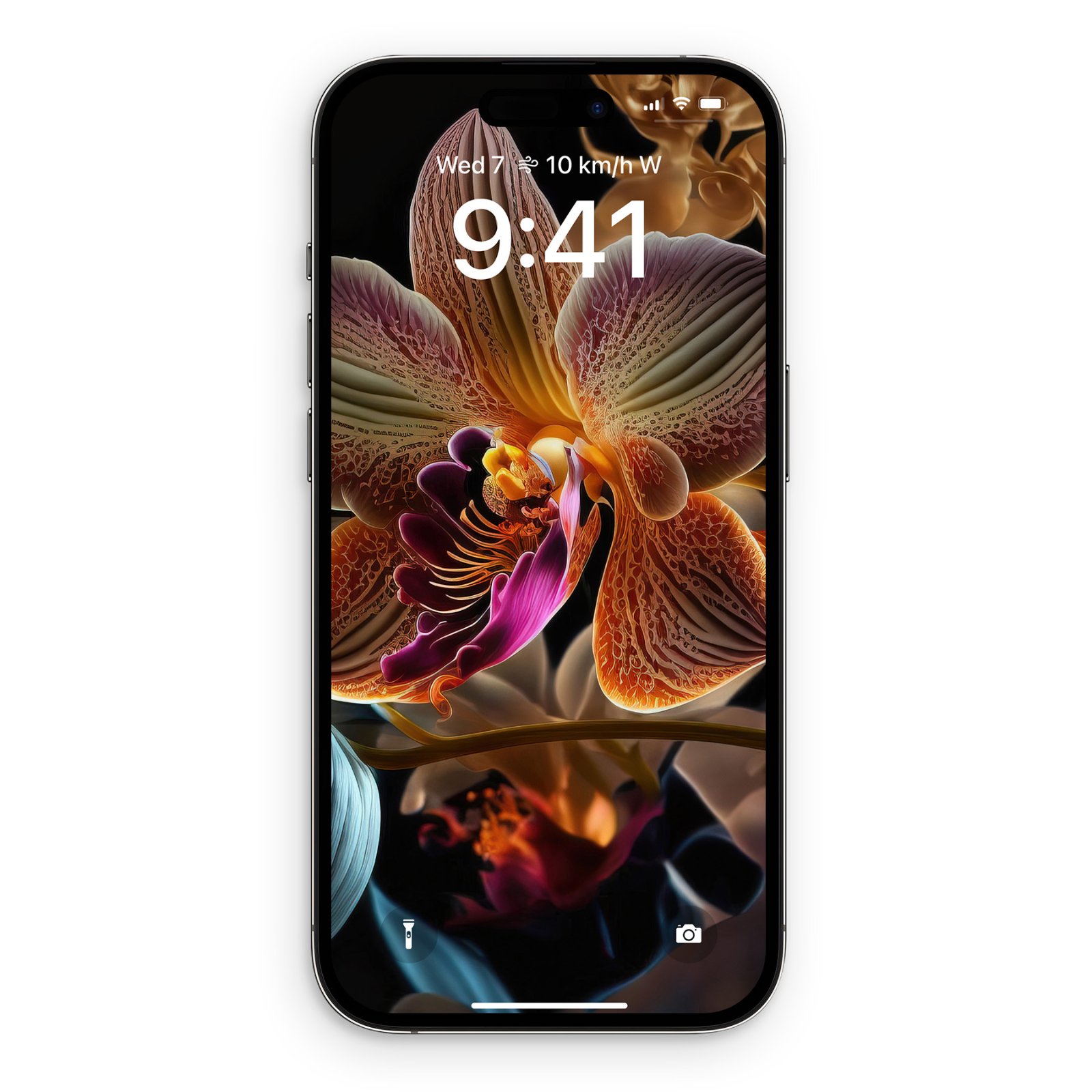 An iPhone lock screen displaying a detailed terracotta orchid flower with a dark background.