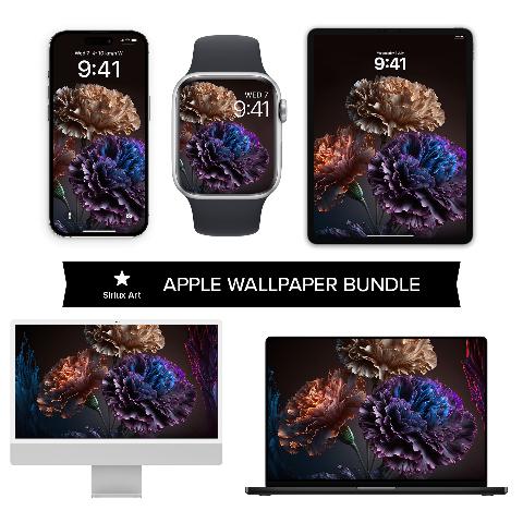 Collection of Apple device mockups including an iPhone, Apple Watch, iPad, iMac, and MacBook displaying dark floral wallpaper featuring beige, terracotta, and violet-blue carnations against a dark background.