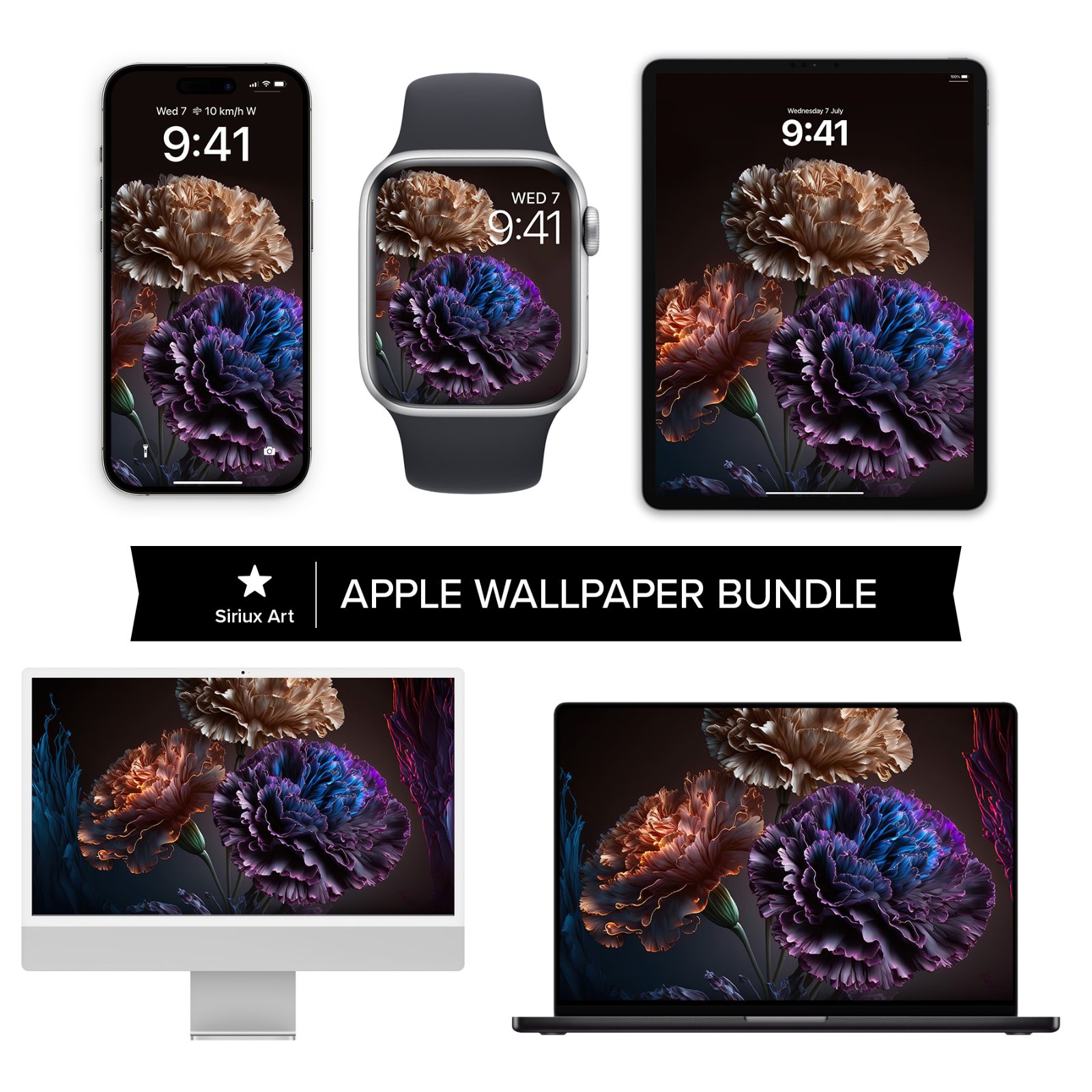 Collection of Apple device mockups including an iPhone, Apple Watch, iPad, iMac, and MacBook displaying dark floral wallpaper featuring beige, terracotta, and violet-blue carnations against a dark background.