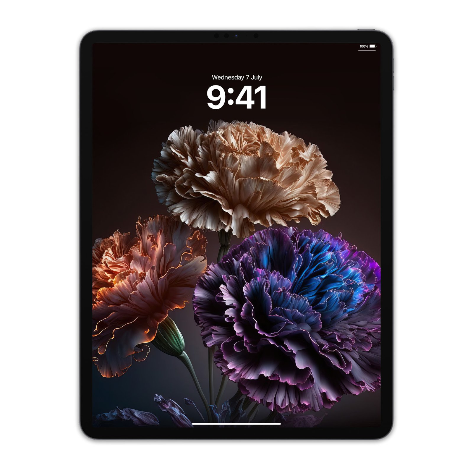 iPad screen showing three detailed carnations in champagne beige, warm terracotta, and indigo-blue on a dark shadow background.