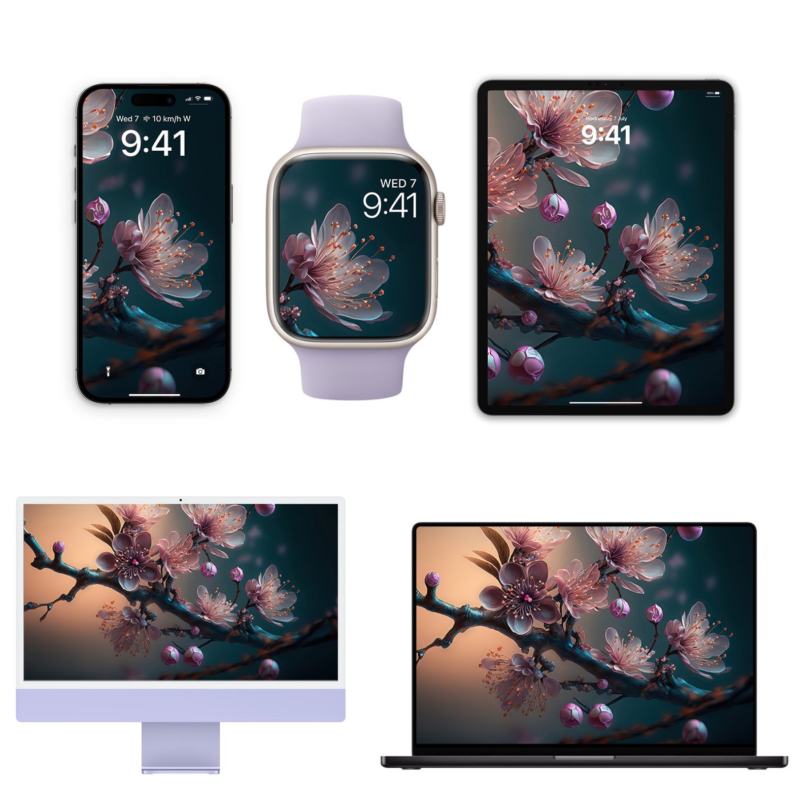 An iPhone, Apple Watch, iPad, iMac, and MacBook displaying a dark moody cherry blossom wallpaper against a white background.