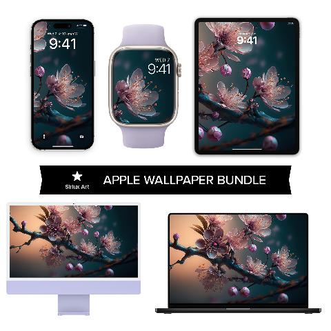 Collection of Apple devices including an iPhone, Apple Watch, iPad, iMac, and MacBook showing matching cherry blossom wallpapers with dark teal and apricot backgrounds.