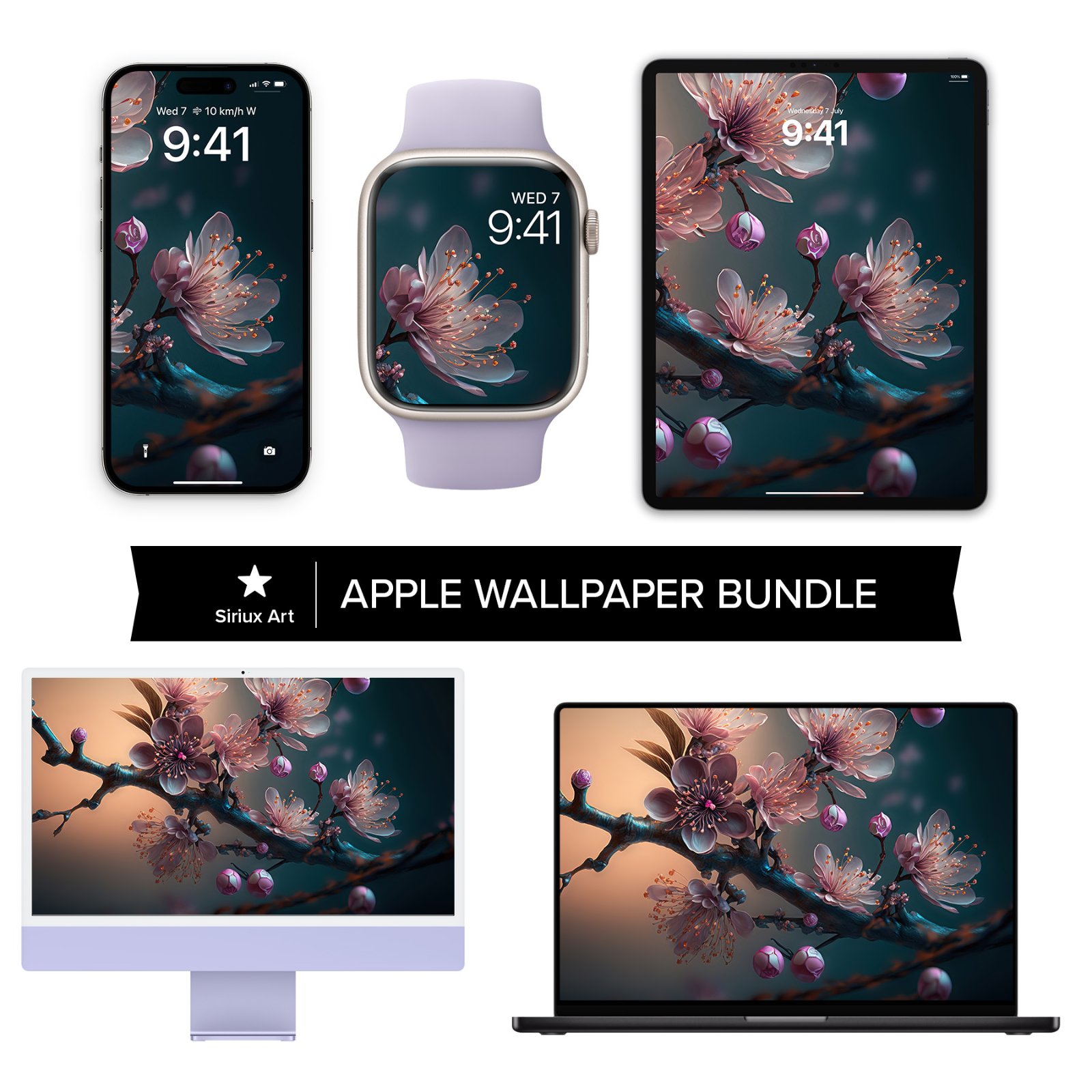 Collection of Apple devices including an iPhone, Apple Watch, iPad, iMac, and MacBook showing matching cherry blossom wallpapers with dark teal and apricot backgrounds.