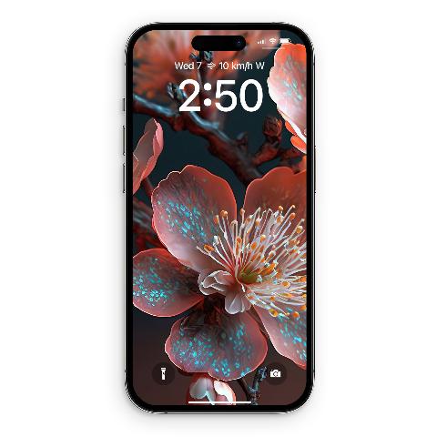 Lock screen preview on a dark smartphone display featuring close-up terracotta plum blossoms with teal specks against a dark background.