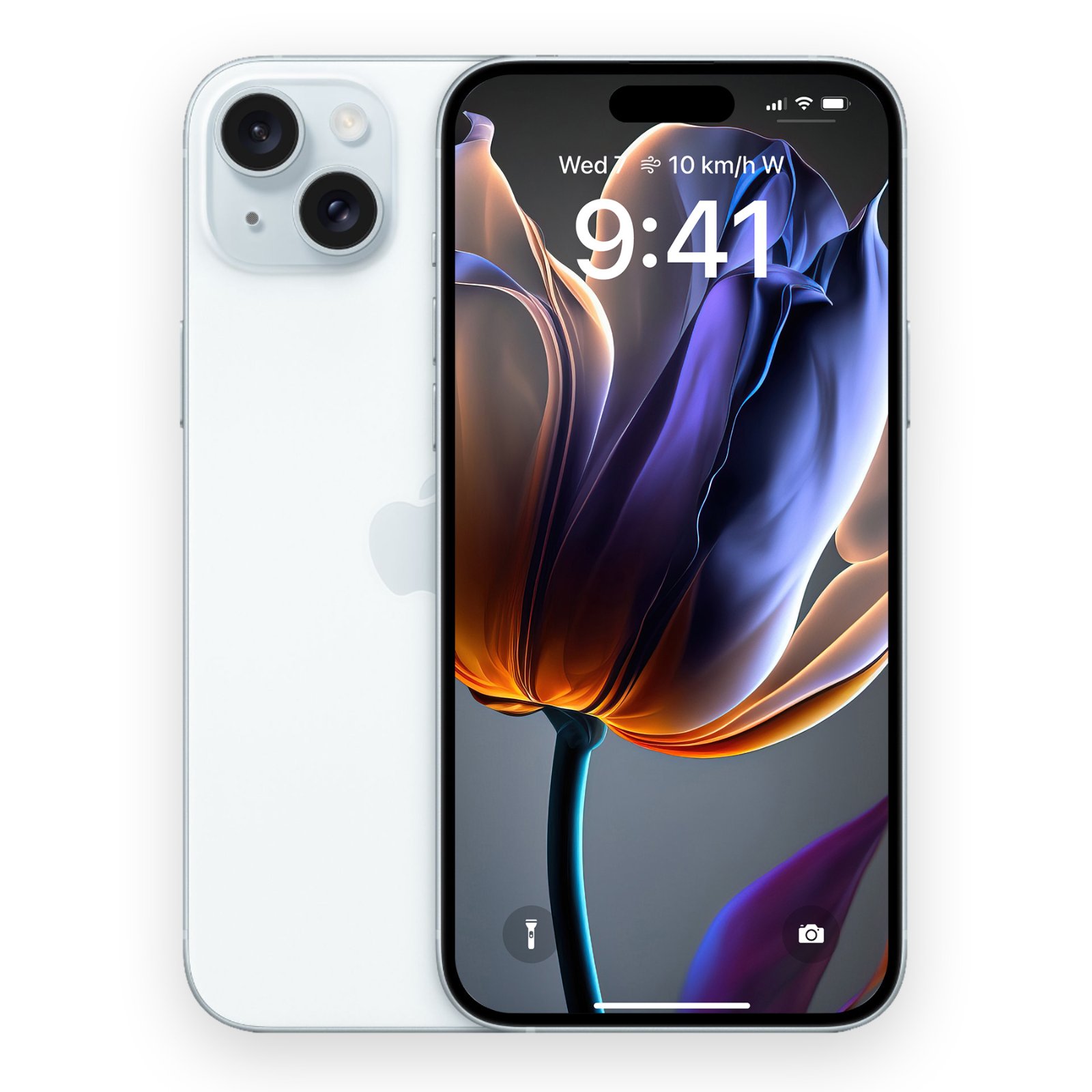 A white iPhone shown next to its screen displaying a backlit purple and amber tulip wallpaper.