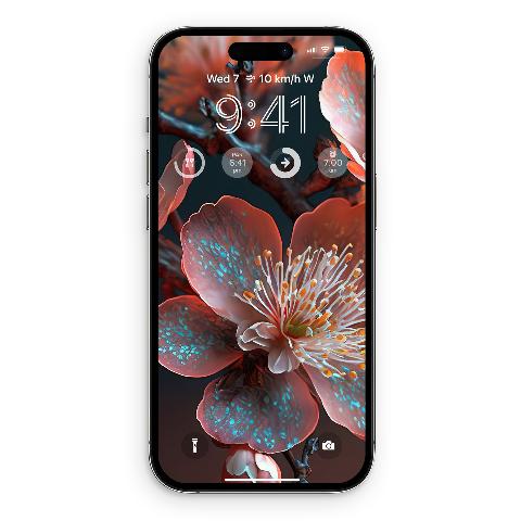 Lock screen preview on an iPhone displaying a macro cherry blossom wallpaper with coral petals and glowing turquoise spots.