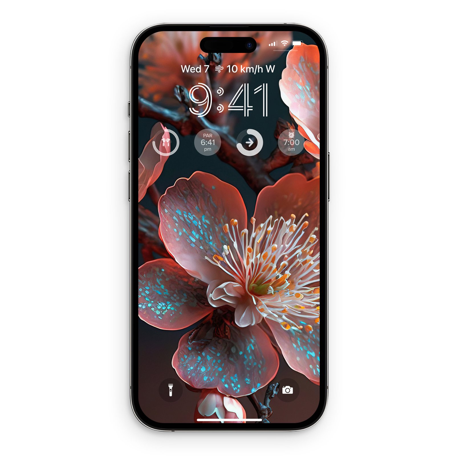Lock screen preview on an iPhone displaying a macro cherry blossom wallpaper with coral petals and glowing turquoise spots.