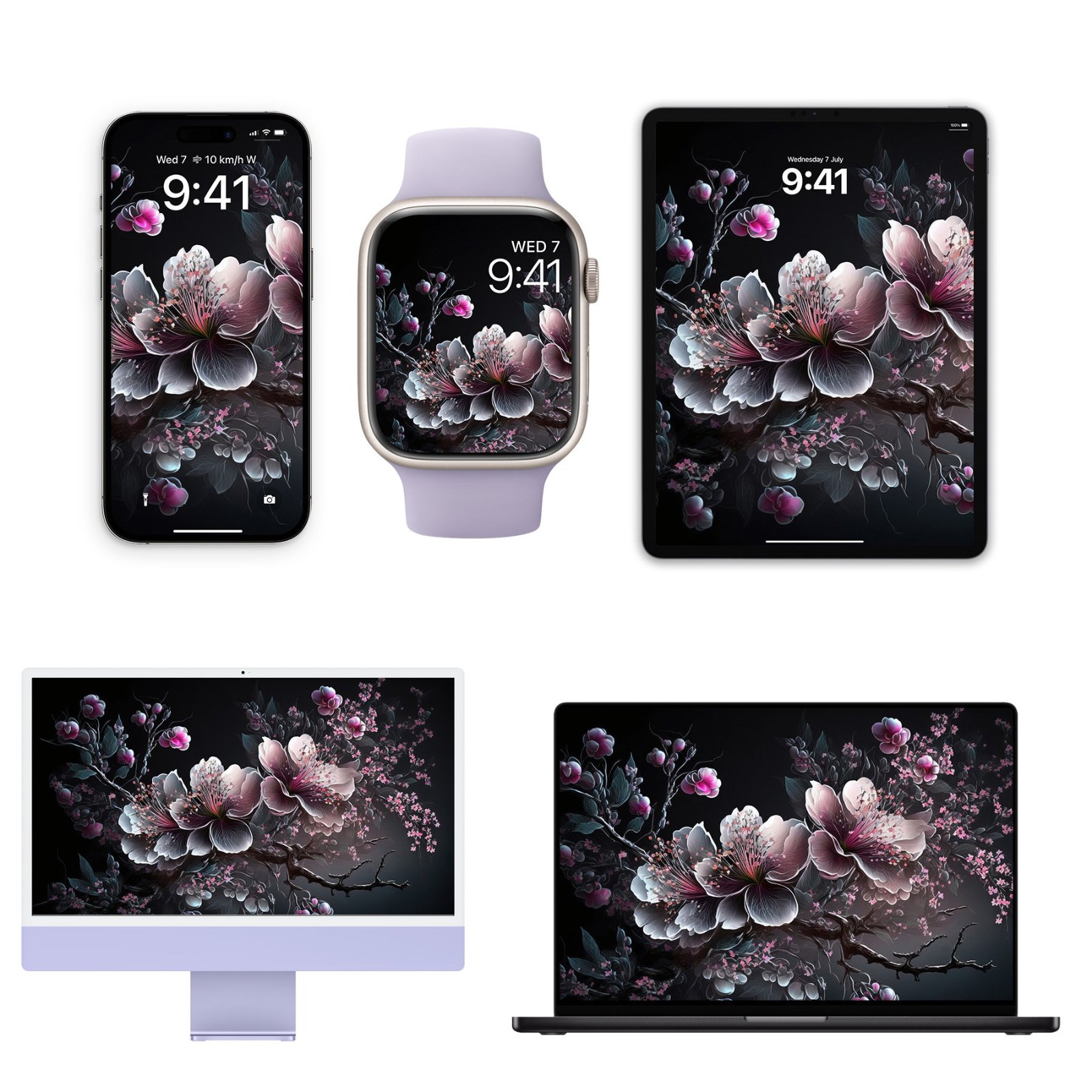 iPhone, Apple Watch, and iPad all displaying the same cherry blossom wallpaper with frosted, dimensional petals in pink and grey tones on black backgrounds, arranged in a product flat lay.
