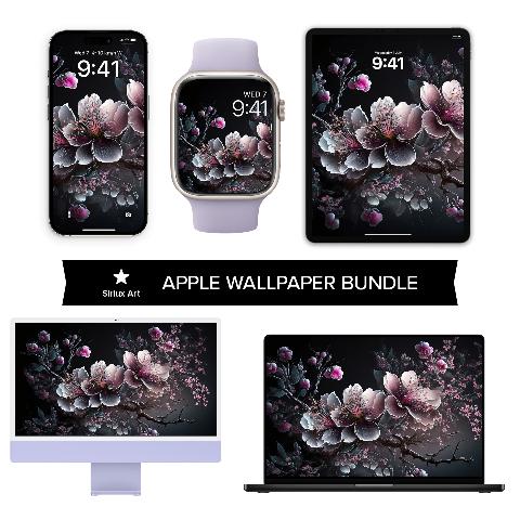 Five Apple devices including an iPhone, Apple Watch, iPad, iMac, and MacBook displaying matching purple cherry blossom wallpaper on dark screens.
