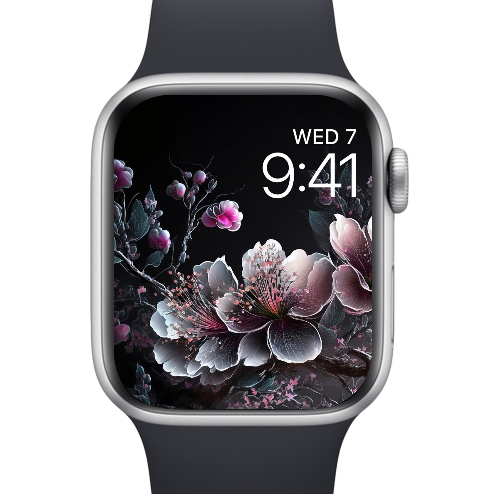 Silver Apple Watch showing close-up artwork of glowing purple cherry blossoms on a black digital face.