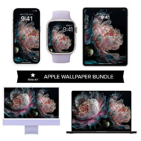 An Apple device wallpaper set showing dark peony artwork displayed on an iPhone, Apple Watch, iPad, iMac, and MacBook against a white background.