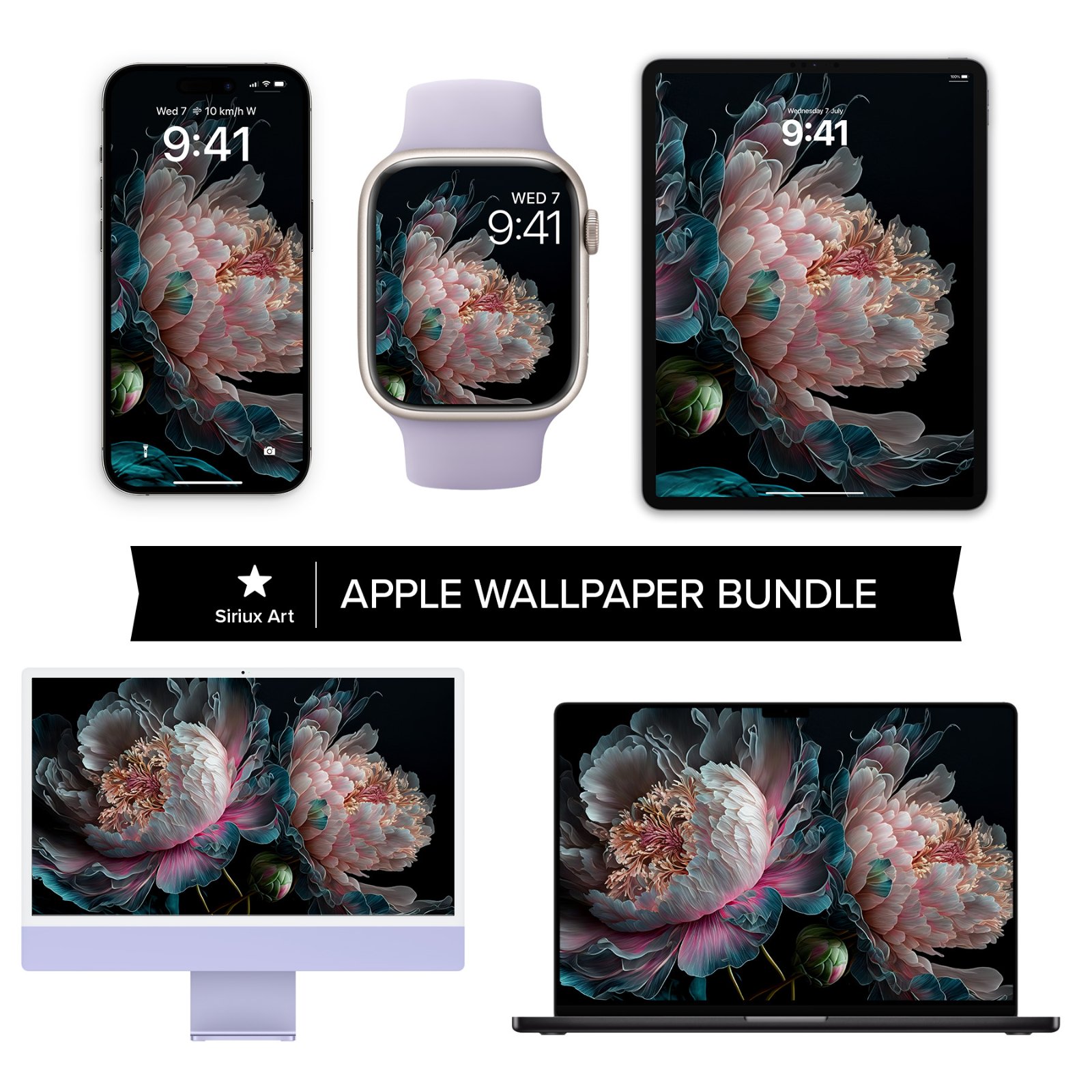 An Apple device wallpaper set showing dark peony artwork displayed on an iPhone, Apple Watch, iPad, iMac, and MacBook against a white background.
