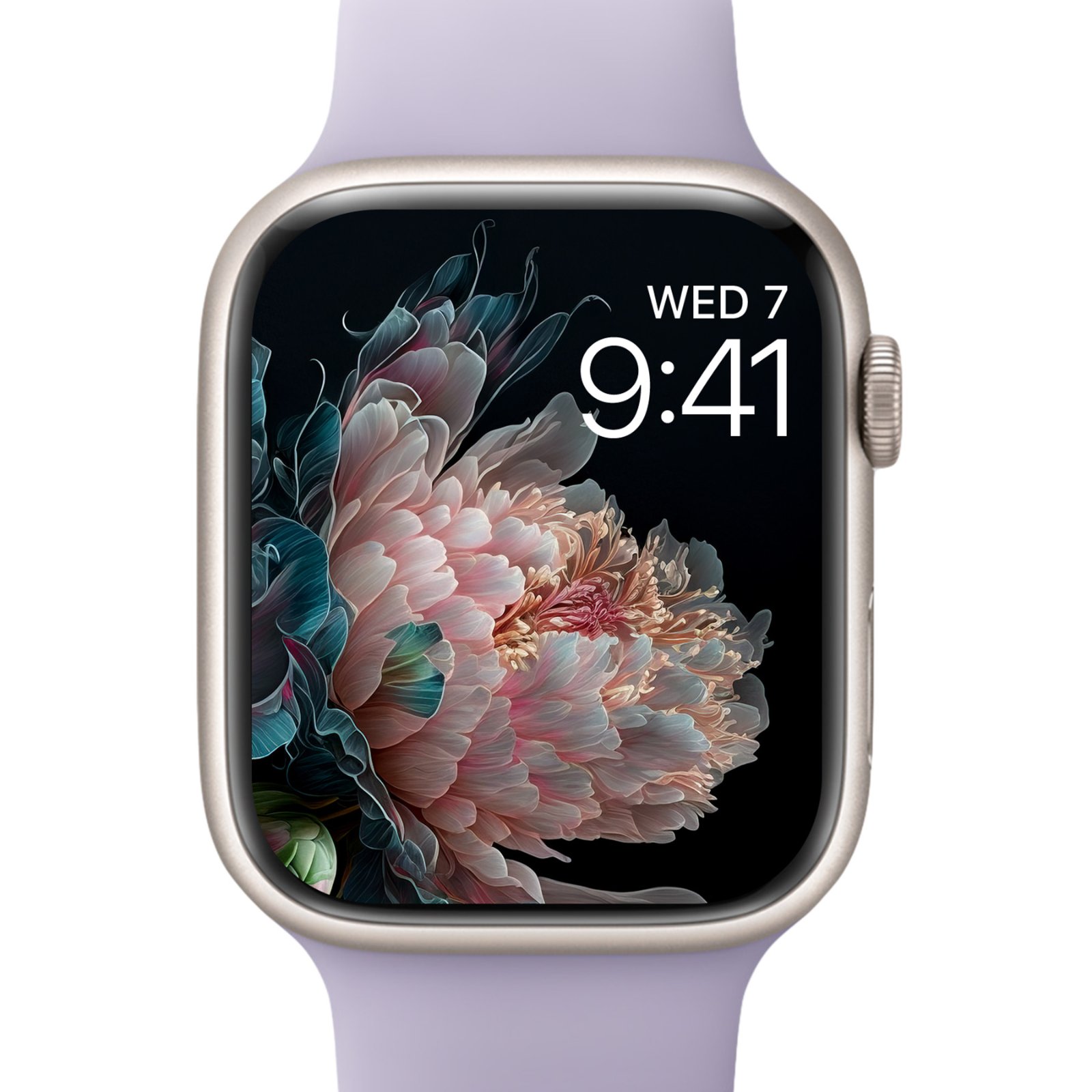 Close-up of a dusty rose peony floral wallpaper on the screen of an Apple Watch with a light purple band.