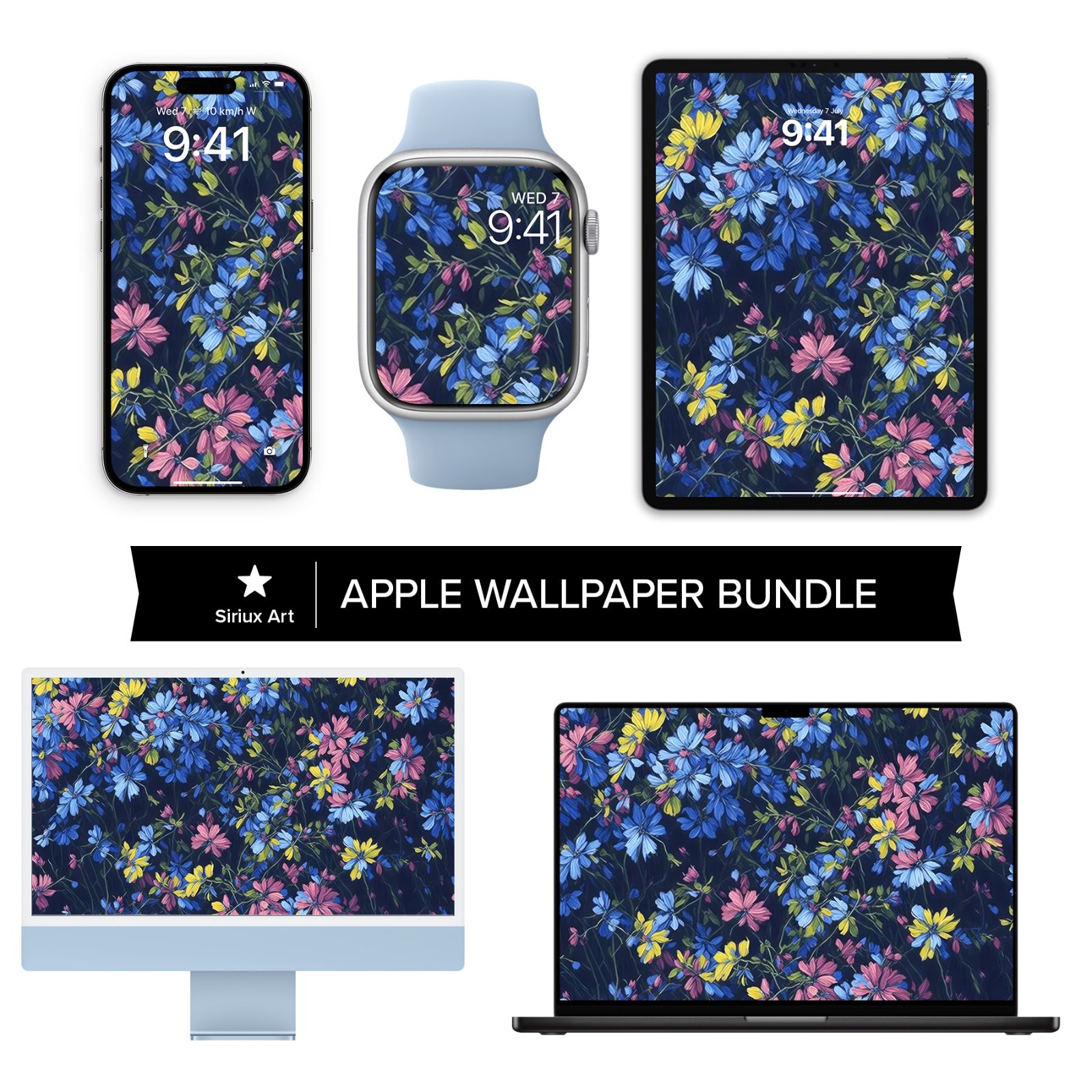 Five Apple devices displaying a dense painted pattern of blue, pink, and yellow wildflowers over a dark navy background.