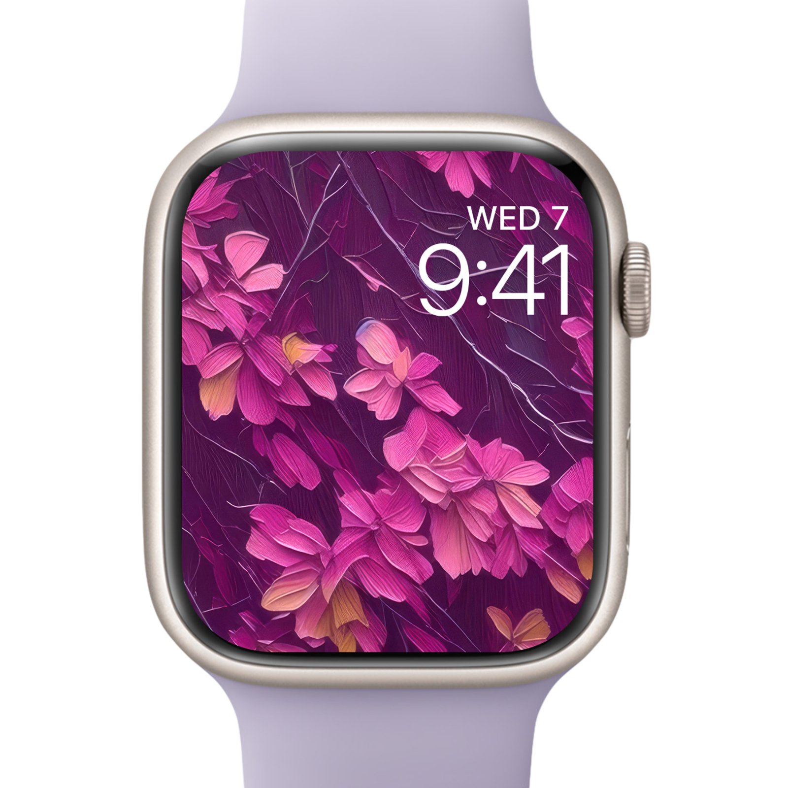 Apple Watch with silver band showing same magenta bloom design scaled to square format.
