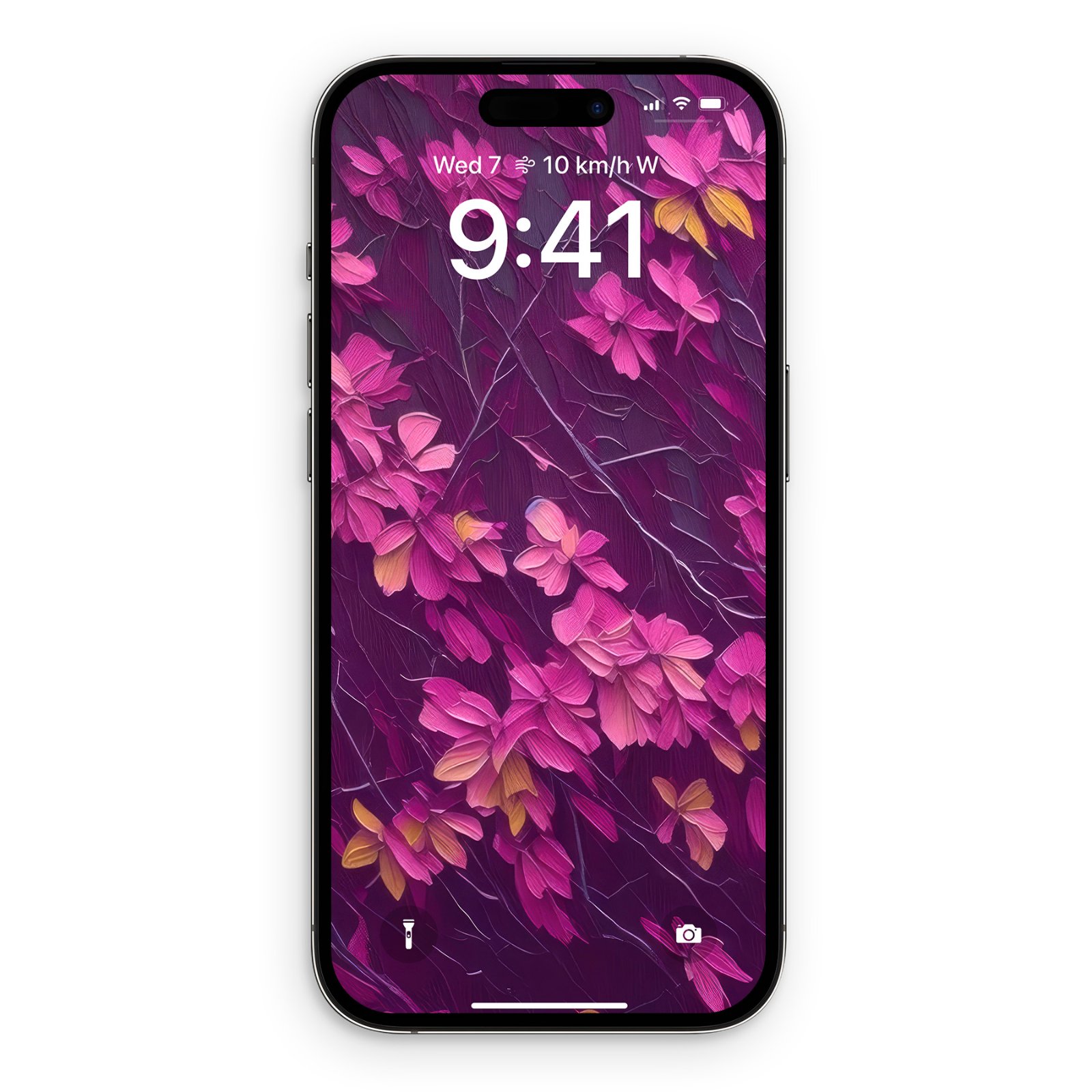 iPhone displaying magenta flowers cascading across plum background with delicate branch details and warm coral-gold gradient shifts.